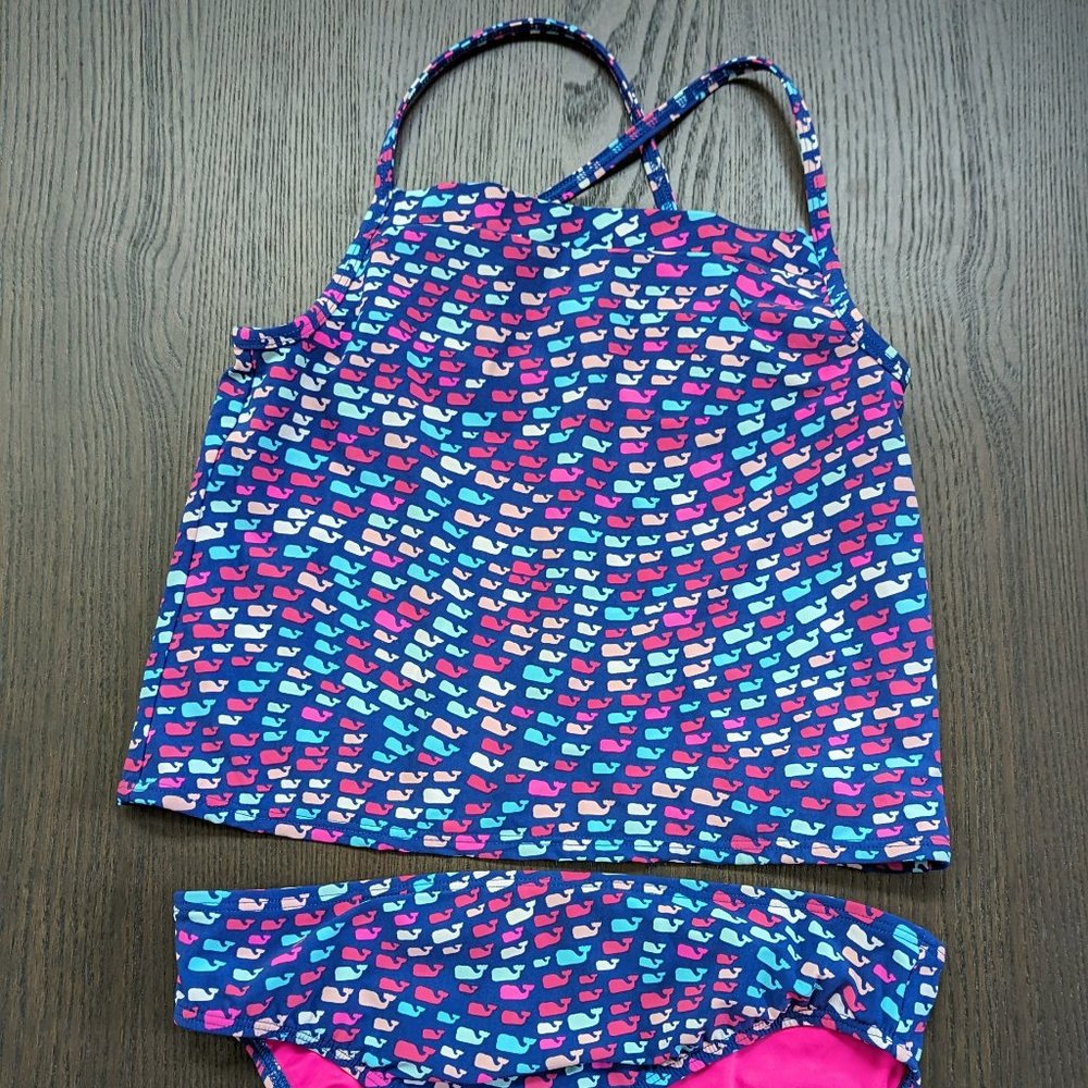 Vineyard Vines Girls Wavy Whale Reversible Tankini Swim Top and Brief Bottom L/G